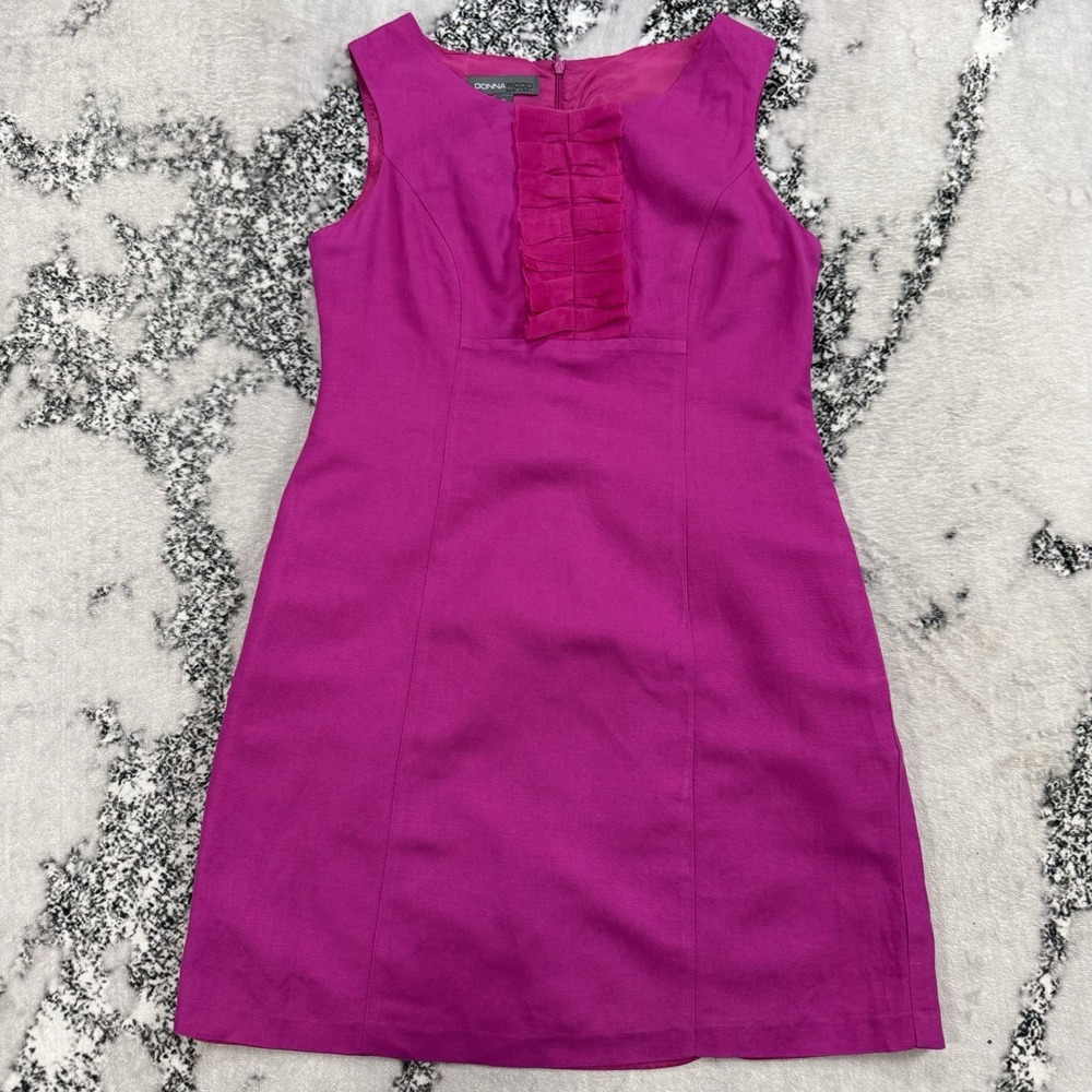 Donna Ricco Sheath Dress Womens 10 Pink Linen Blend Ruffle Front Sleeveless